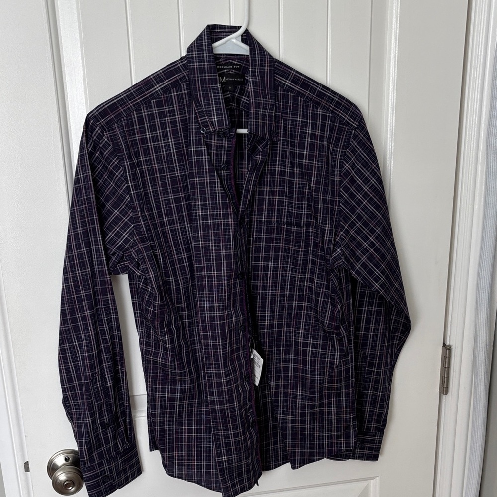 Neiman Marcus Men's Navy and White Plaid button down shirt.